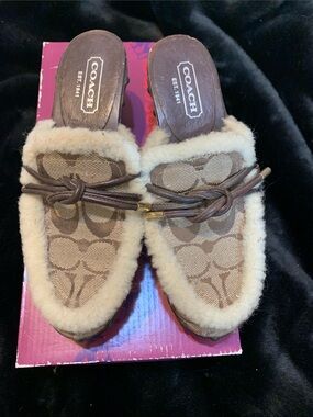 Coach Brown and Cream Signature Shearling Mule Slides